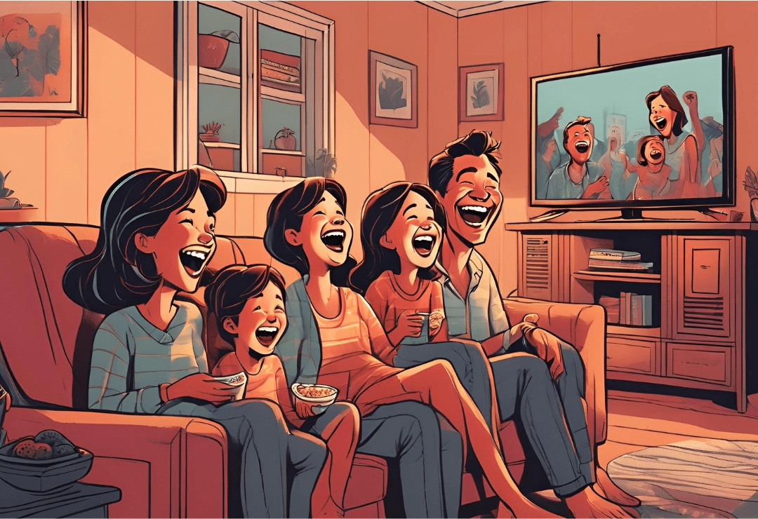 Illustration of a family laughing at the TV