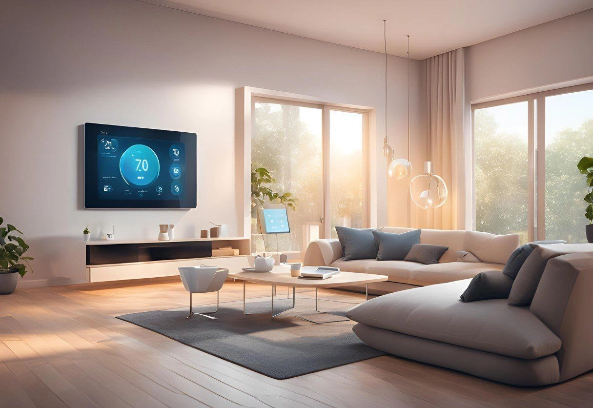 Illustration of a smart home living room with HEMS control on the TV