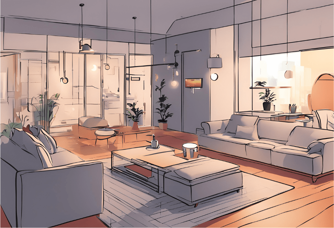 Illustration of a smart home living room with lights