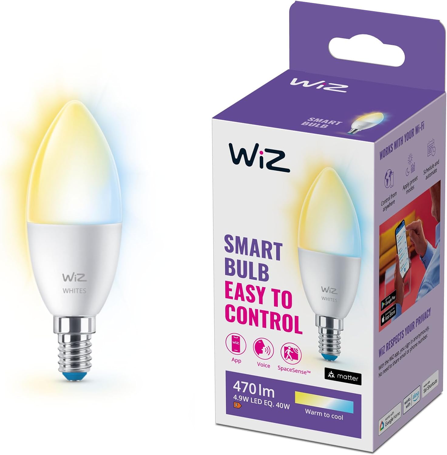 Wiz candle 40w c37 e14 tunable white smart bulb
